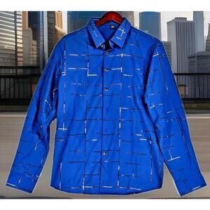 Manfinity Men's Shirt Blue w Gold Foil Long Sleeve ButtonUp Stretch Size Medium